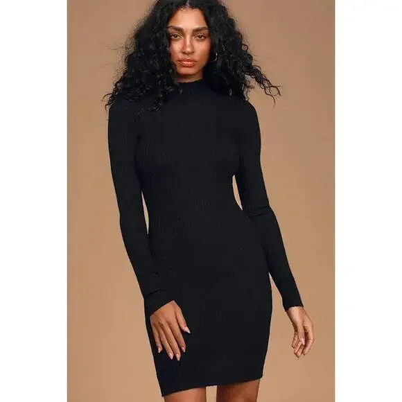 Lulus Snug As Can Be Black Ribbed Mock Neck Sweater Dress - Size M - Picture 1 of 1